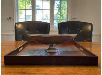 Large Square Wooden Tray Together With A Hammered Footed Oblong Centerpiece Bowl