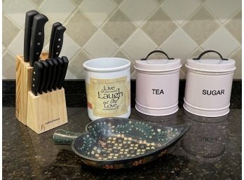 Countertop Items- Farberware Knife Set, Utensil Holder, Metal Canisters And A Wooden Leaf Form Bowl