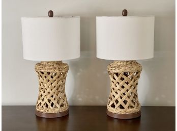 Natural Woven Banana Leaf Table Lamps With White Fabric Drum Shades- A Pair