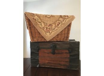 Vintage Trunk W/Leather Straps, Basket Trunk & Hooked Rug