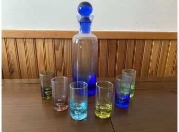 Decanter And 6 Colored Glass Cordial Glasses By Elements