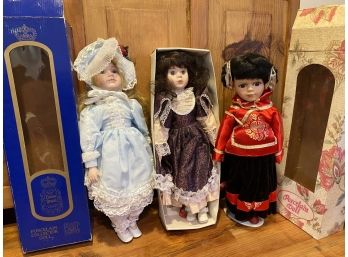 3 Porcelain Dolls Vintage But New In Boxes
