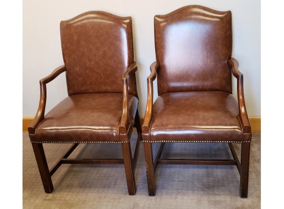 2nd Floor - Pair Of Beautiful John Stuart Camel Colored Leather Arm Chairs With Nailhead Trim