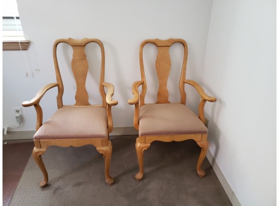 Pair Of Oak Arm Chairs Upholstered In Light Pink Fabric