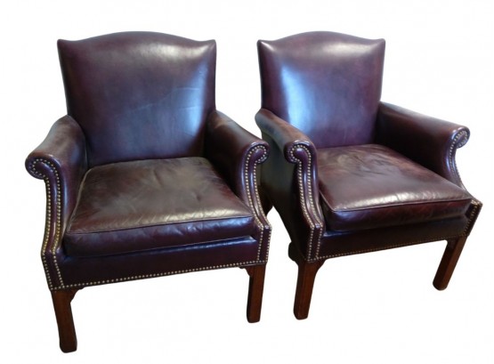 Pair Of Stickley Burgundy Leather Arm Chairs