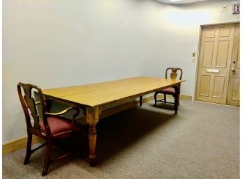 Extra Long Antique Oak Farm Table/conference Table With Two Chairs