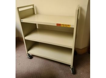 Cream Colored Metal Rolling Library Cart /3 Shelves On Wheels