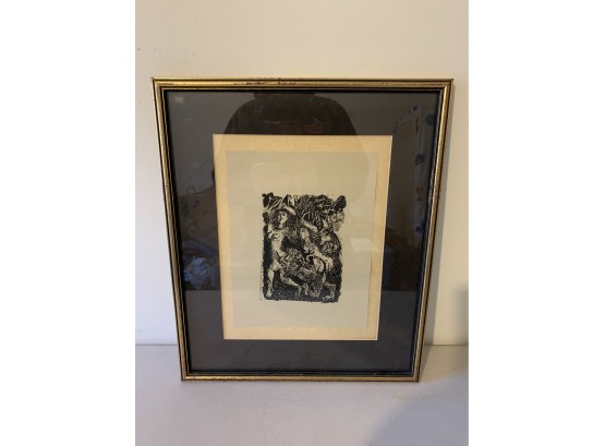Vintage Chagall Lithograph Or  Wood Block Framed And Matted Under Glass