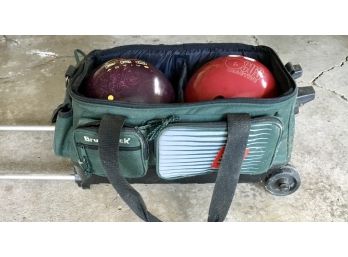 Pair Of Professional Bowling Balls (Zone Pro And Focus)  And Rolling Carry Bag
