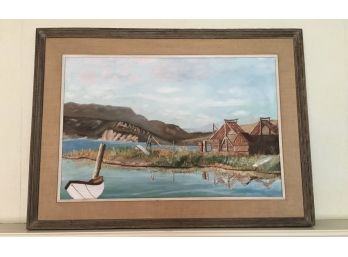 Large Landscape Harbor Painting On Canvas Signed B Perkins