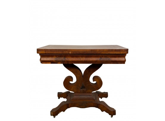 Bookmatched Flame Mahogany Veneer Game Table On Magnificent Scrolled Base On Casters