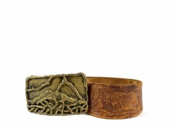 Vintage Tooled Leather Belt Will Heavy Brass Abstract Design Buckle