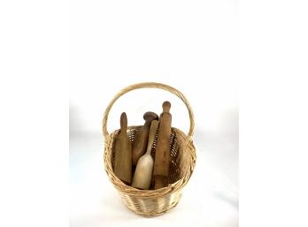 Group - Vintage And Antique Wooden Kitchen Tools With Basket