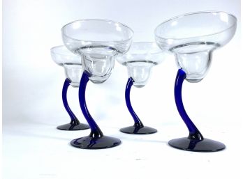 Funky Modern Cobalt Blue Offset Stem Margarita Glasses - Set Of (4)
