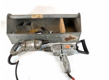Vintage Trio Of Power Tools In Galvanized Handled Tool Box - Untested