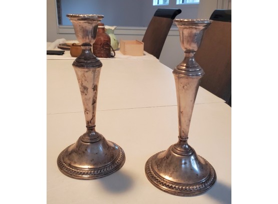 A Pair Of Vintage Rogers Tall Sterling Silver Weighted Reinforced Candlestick Holders 9 1/2'