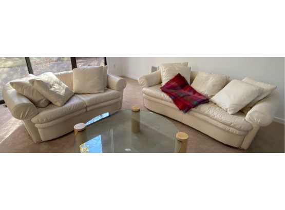 Vintage 90s Natuzzi Beautifully Made In Italy: White LEATHER Couch And Love Seat With 9 Matching Down Pillows