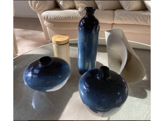 Set Of Blue Glazed Decorative Pottery  Artisan Porcelain Sculpturesque Vase