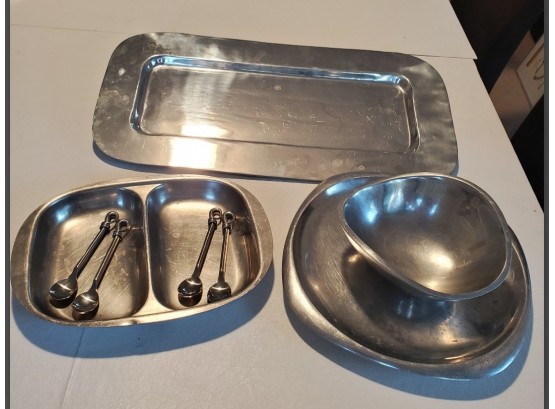 Assorted Metal Serving Platters & Bowls
