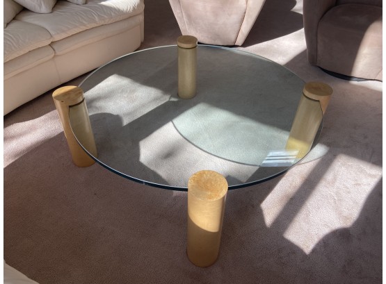 Cool Vintage Mid-Century Modern Glass Top, Strong Wood Legs -  Round Thick Glass Coffee Table