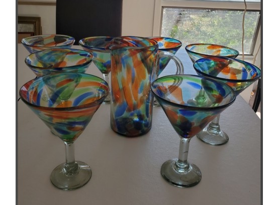 Artistic & Rich Colors In This Hand Blown Martini Set From Mexico. Drink Pitcher & 8 Glasses. Unused.