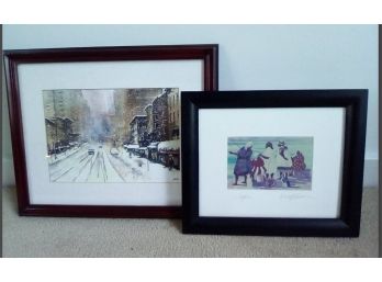 Two Signed Framed And Matted Prints: Catfish Watercolor By William R. Cantwell & City Winter Image By Gallo