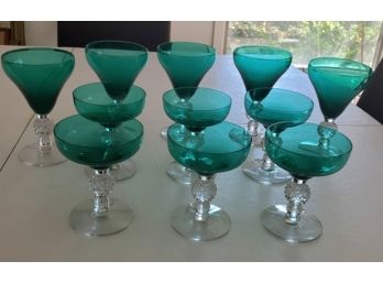 11 Vintage Emerald Green Bar Glasses  - Cocktails & Champagne Saucers With Bulbous Stems
