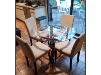 Glass-top Kitchen  / Screened Porch Dining Table & Four Upholstered Beige Chairs