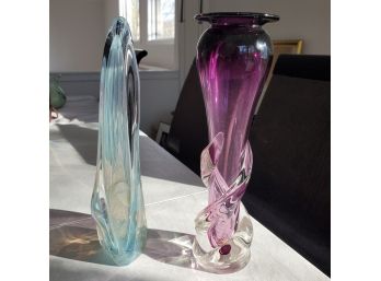 Two Beautiful Hand Blown Art Glass Pieces - One A Violet Vase & The Other A Decorative Artwork