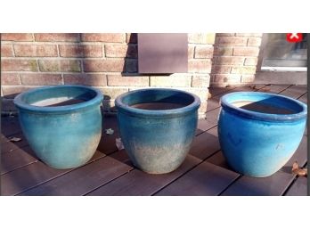 Three Beautiful Large Blue Pottery Planters