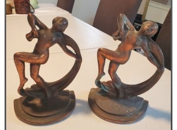 A Pair Of Vintage Art Deco Nouveau Cast Iron Bronze Finish Bookends