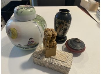 Vintage Japanese Decor Lot: Two Vases, Bowl W Lid, Imperial Guardian Dog Hanko (Name Stamp/Seal)