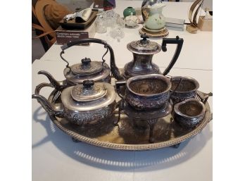 Ornate Hand Hammered Silver Plate 8- Piece Coffee & Tea Set Made In Sheffield, England