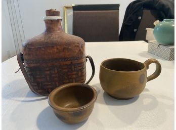 Rustic Artisan Ceramic And Leather Flask/Decanter & Two Artisanal Pottery Glazed Cups