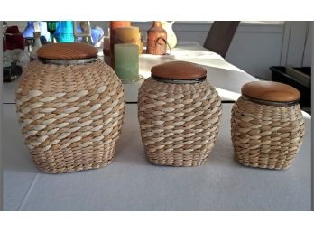 Trio Canister Set - Glass Wrapped In Straw With Wooden Lids