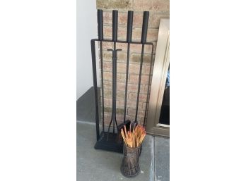 Modern Aesthetic Geometric Holder With 4 Fireplace Tools Plus Long Matches