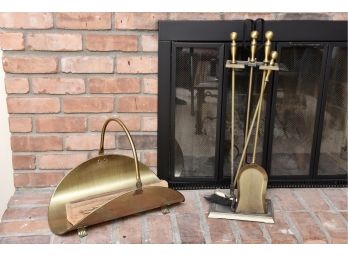 Four Piece Fireplace Tool Stand With A Brass Log Holder