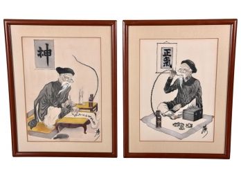 Pair Of Signed 20th Century Chinese Watercolor Silk Paintings Depicting A Scholar