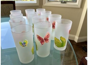 Set Of Twelve Frosted Hard Plastic Outdoor Glass Set With Butterfly Details