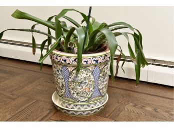 Signed Hand Painted Portuguese Planter And Underplate With Live Spider Plant