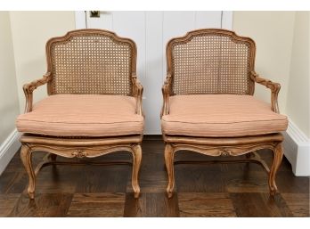 Pair Of Antique Louis XV Style Cane Carved Wood Bergere Chairs (Retail $1800)