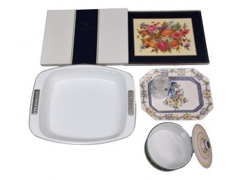 Kitchen Aid Casserole Pan, Portuguese Ceramic Platter, Italian Deruta Biscotti Covered Jar And Crystal Jam Jar