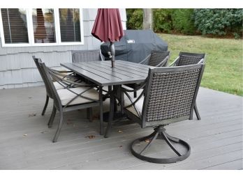 Apricity Outdoor Aluminum 7 Piece Dining Set With Sunbrella Cushions, Umbrella And Stand (Retail $3,999)