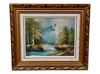 Framed Oil On Canvas Painting Of A Mountain Waterfall Landscape Scene