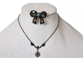 Kenny Ma Necklace And Bow Brooch With Multi-colored Crystals
