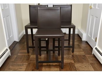 Set Of Three Crate And Barrel Folio Saddle Top Grain Leather Counter Stools