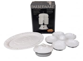 Ceramic Platter, Condiment Dish, Covered Bowl, And Faberware Coffee Urn Model No. L1200