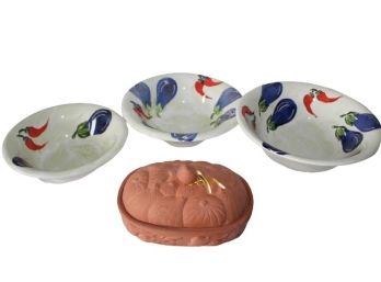 Ceramic Nesting Bowls (Italy) & Terracotta Garlic Baker