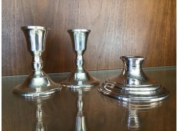 Pair Of Sterling Duchin Creation Weighted Candlestick Holders And Single Pilgrim Silverplate Candle Holder