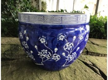 Blue And White Chinese Fishbowl Vase With Cherry Blossoms